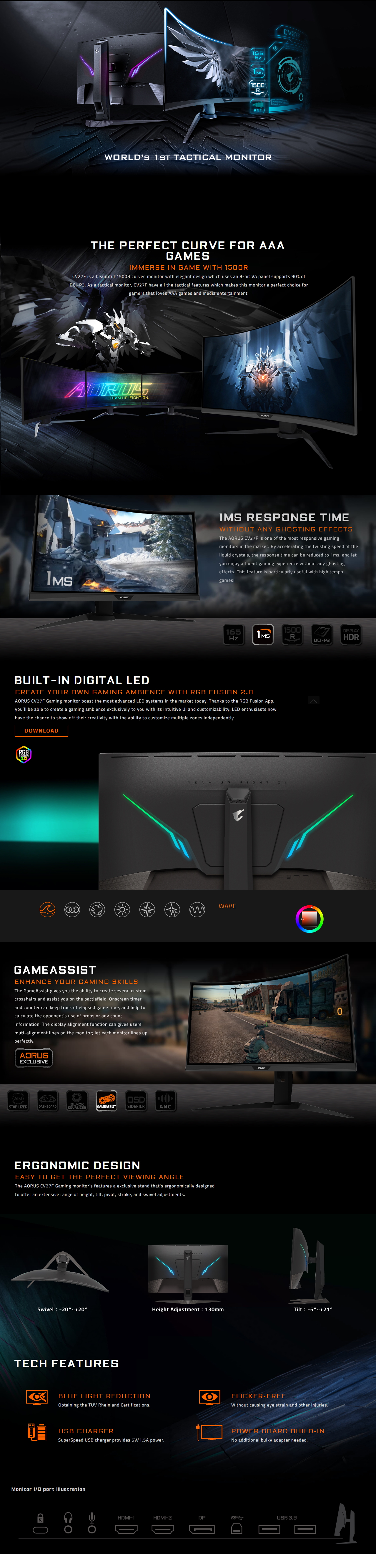 A large marketing image providing additional information about the product Gigabyte Aorus CV27F 27" Full HD FreeSync Curved 165Hz 1MS HDR400 VA LED Gaming Monitor - Additional alt info not provided