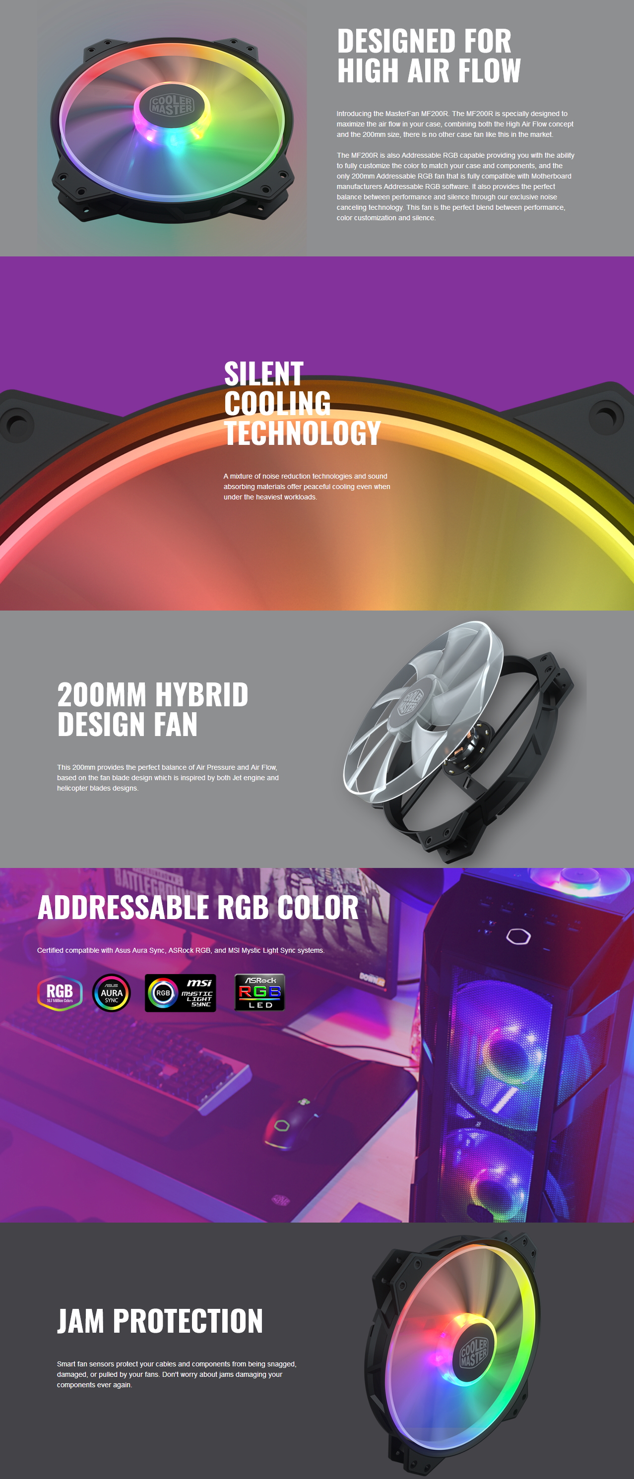 A large marketing image providing additional information about the product Cooler Master MasterFan MF200R 200mm Addressable RGB Fan - Additional alt info not provided