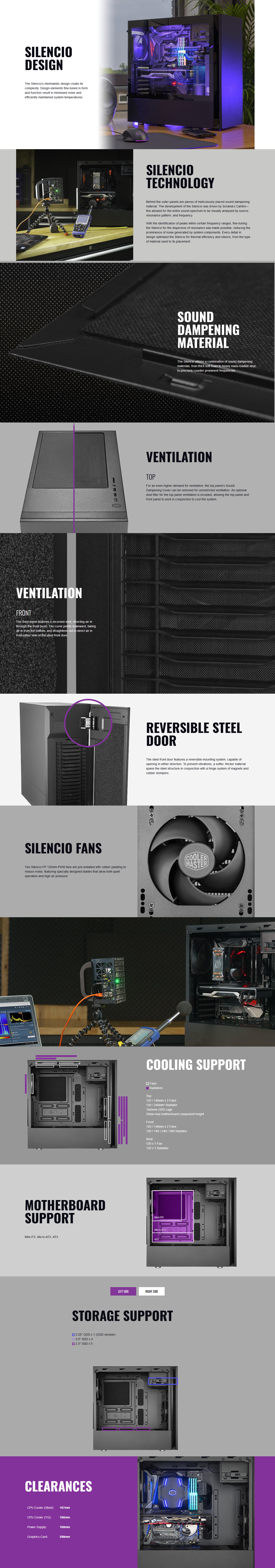 A large marketing image providing additional information about the product Cooler Master Silencio S600 TG Mid Tower Case - Black - Additional alt info not provided