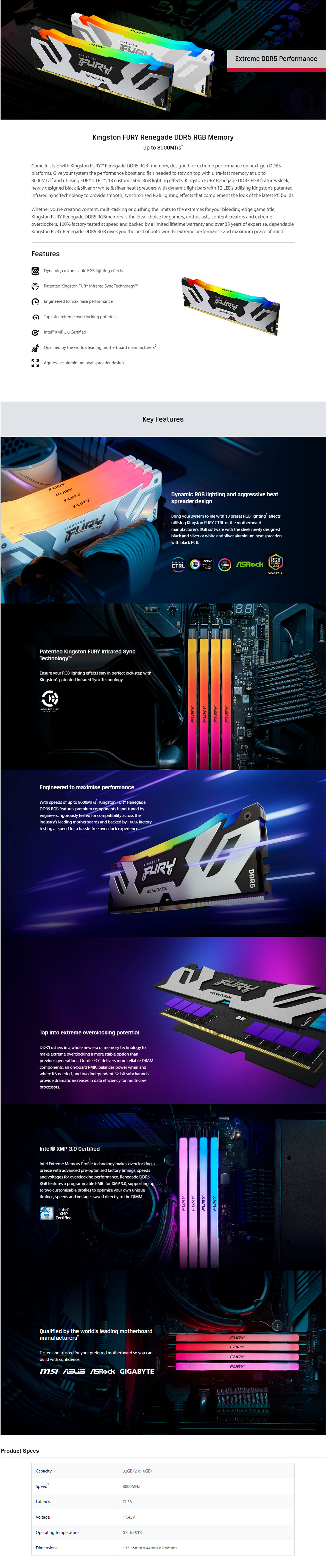A large marketing image providing additional information about the product Kingston 32GB Kit (2x16GB) DDR5 Fury Renegade RGB C38 8000MHz - Additional alt info not provided