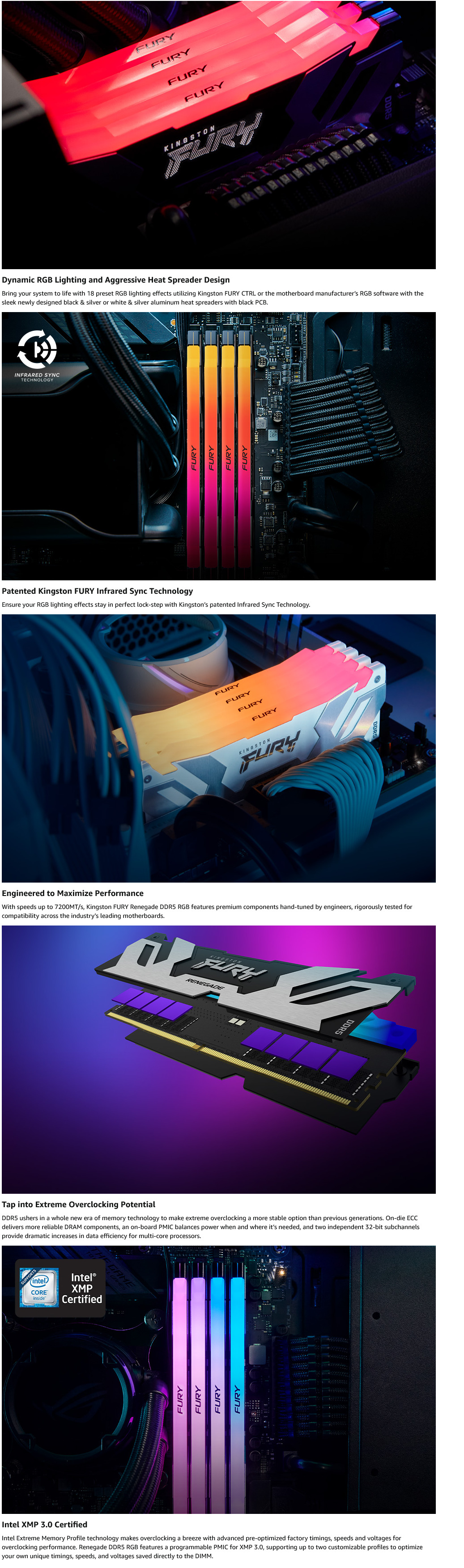A large marketing image providing additional information about the product Kingston 64GB Kit (2x32GB) DDR5 Fury Renegade RGB C32 6000Mhz - White  - Additional alt info not provided