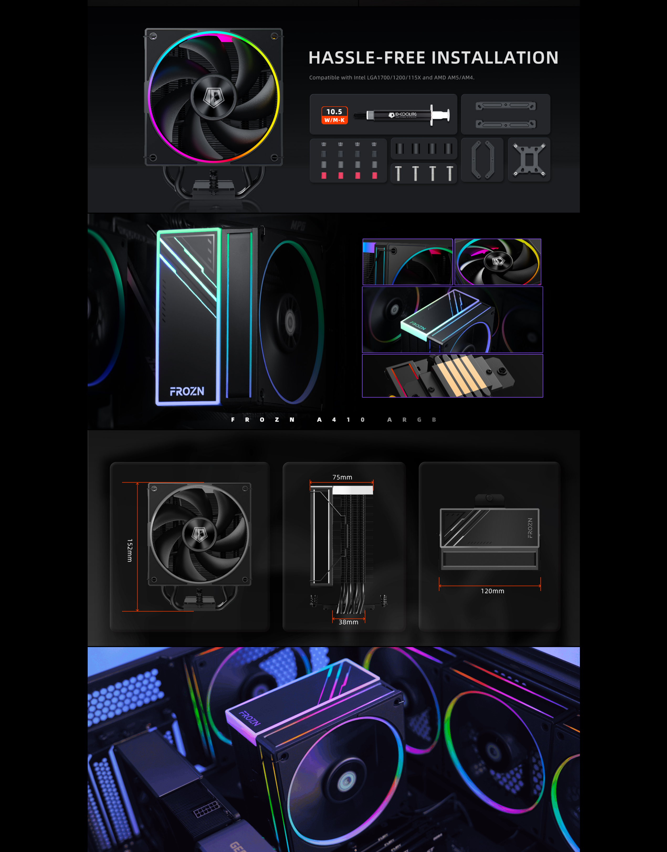 A large marketing image providing additional information about the product ID-COOLING FROZN A410 ARGB CPU Cooler - Black - Additional alt info not provided