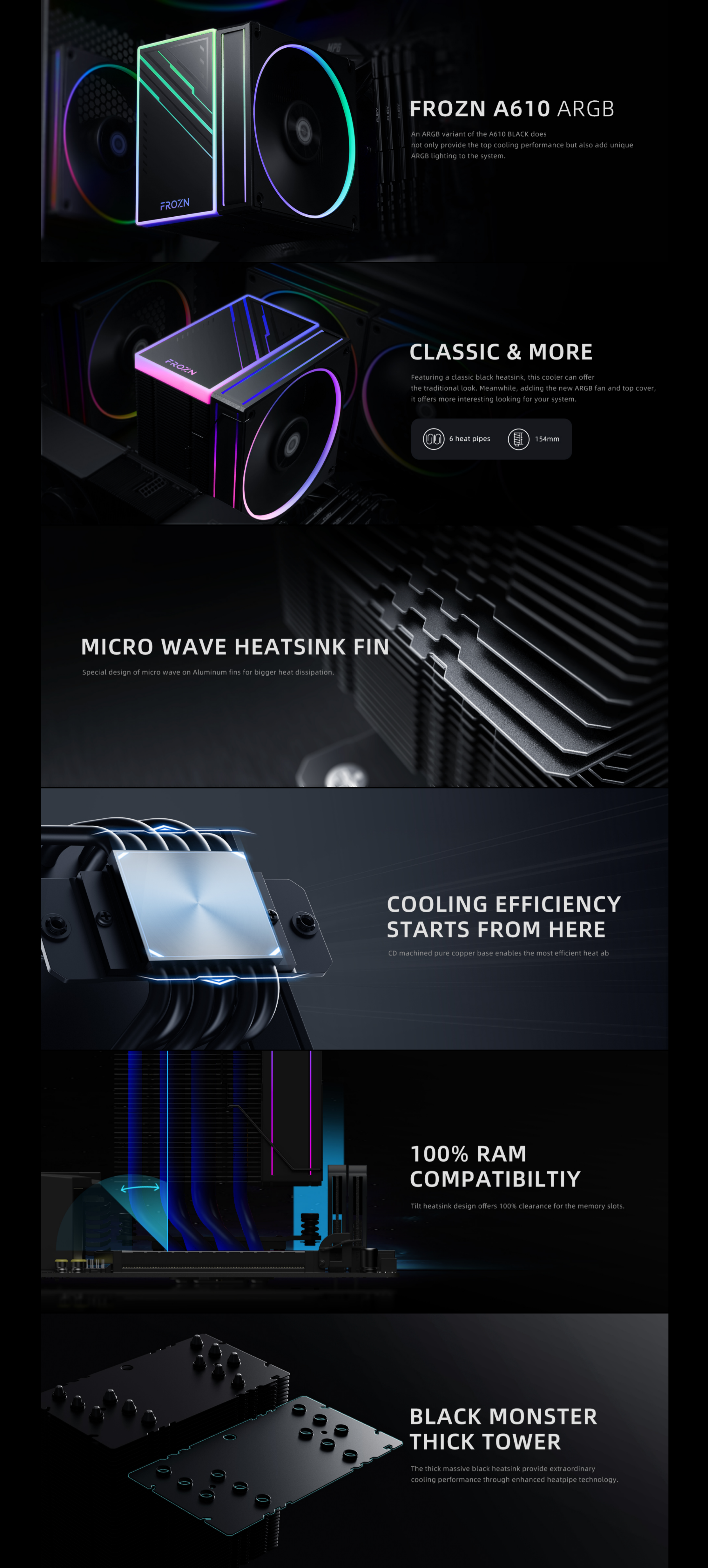 A large marketing image providing additional information about the product ID-COOLING FROZN A610 ARGB CPU Cooler - Black - Additional alt info not provided