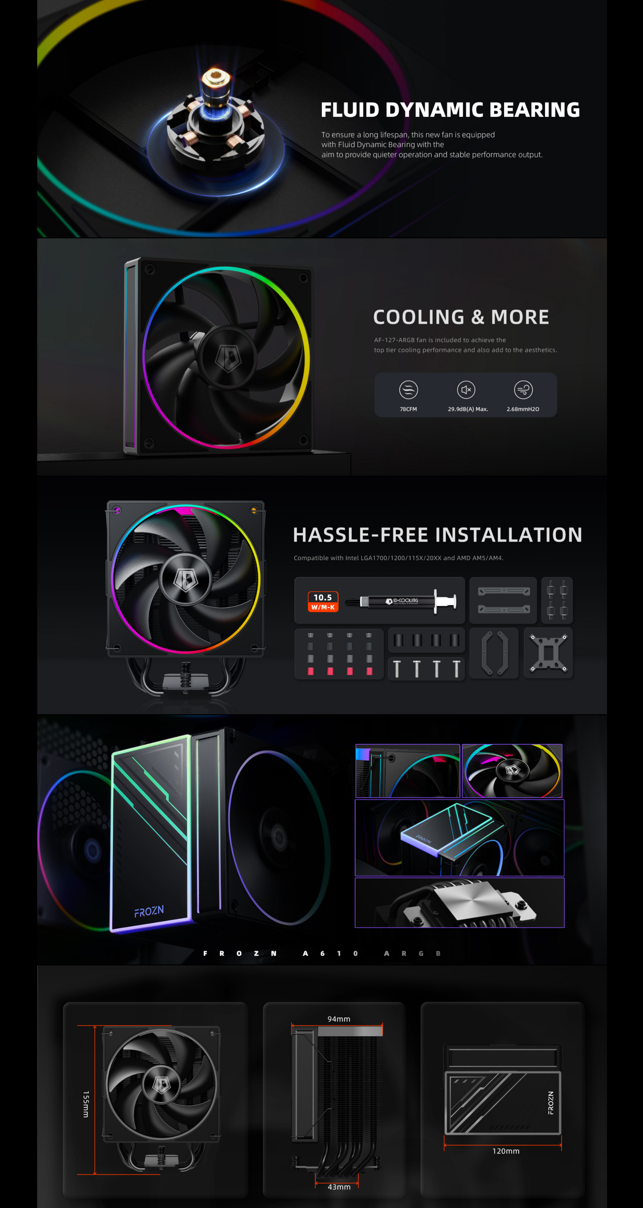 A large marketing image providing additional information about the product ID-COOLING FROZN A610 ARGB CPU Cooler - Black - Additional alt info not provided