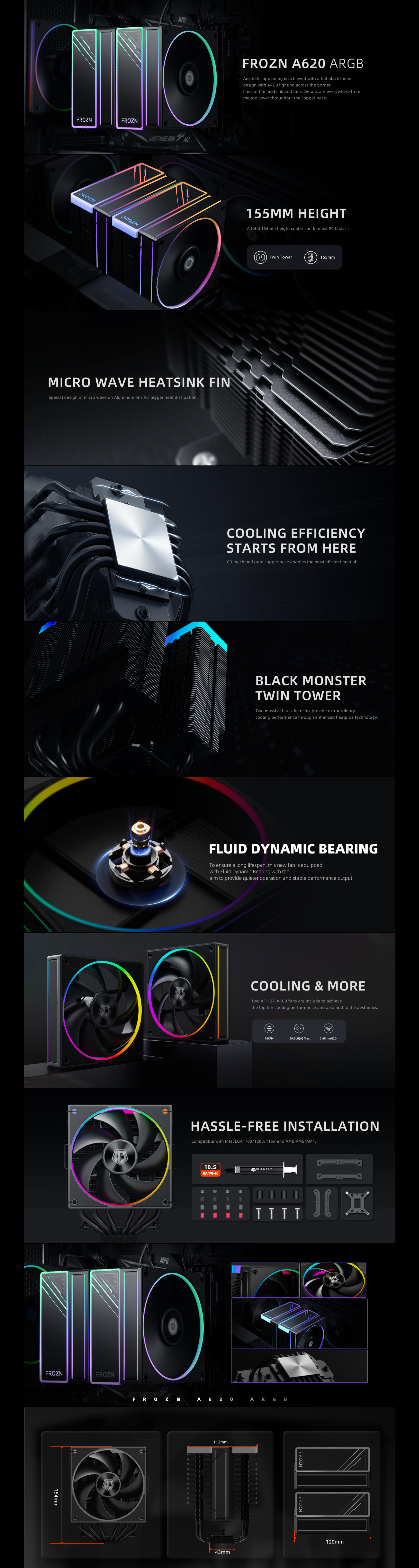 A large marketing image providing additional information about the product ID-COOLING FROZN A620 ARGB CPU Cooler - Black - Additional alt info not provided