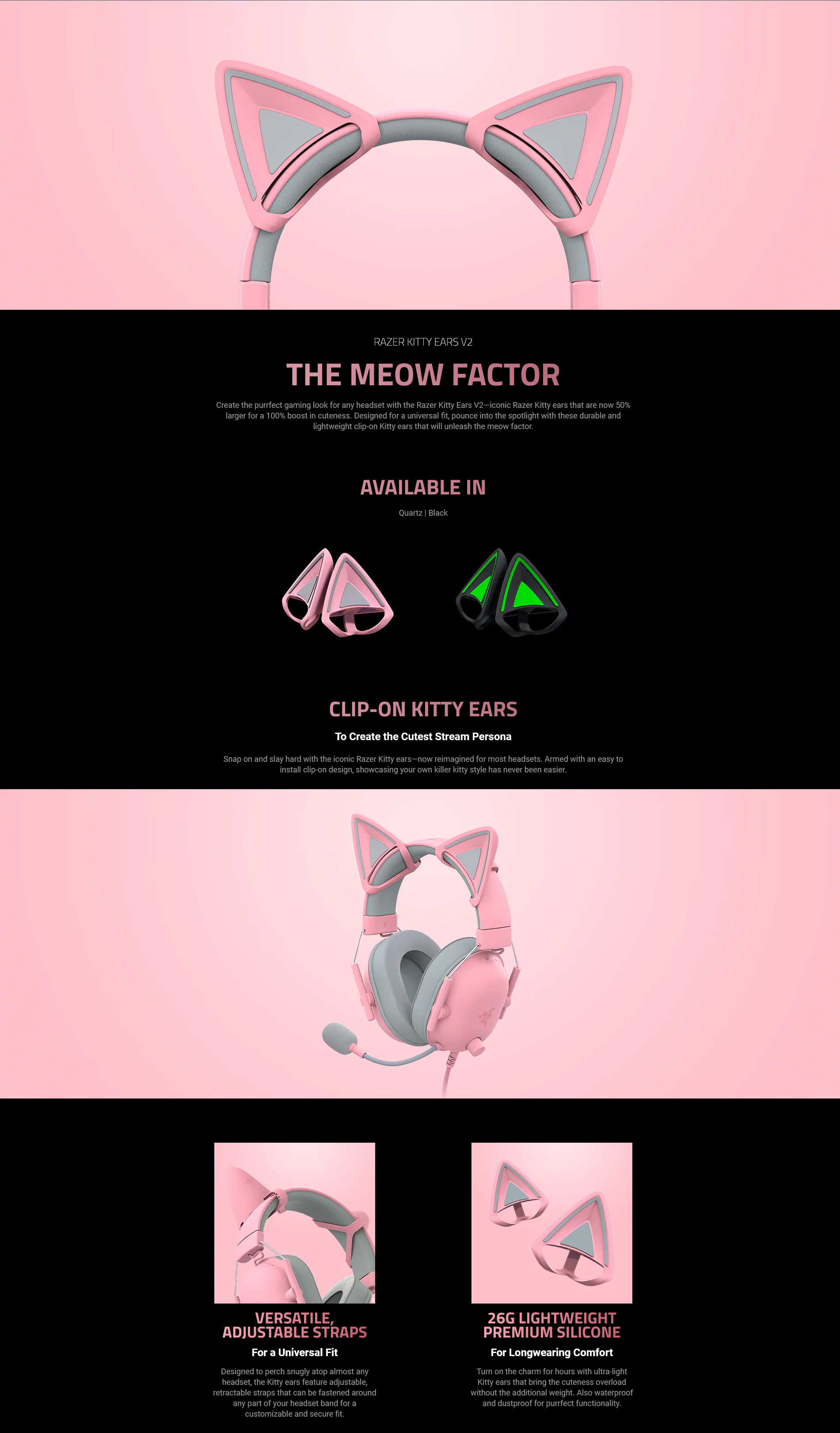 A large marketing image providing additional information about the product Razer Kitty Ears V2 - Universal Fit Clip-on Cat Ears for Headsets (Quartz Pink) - Additional alt info not provided