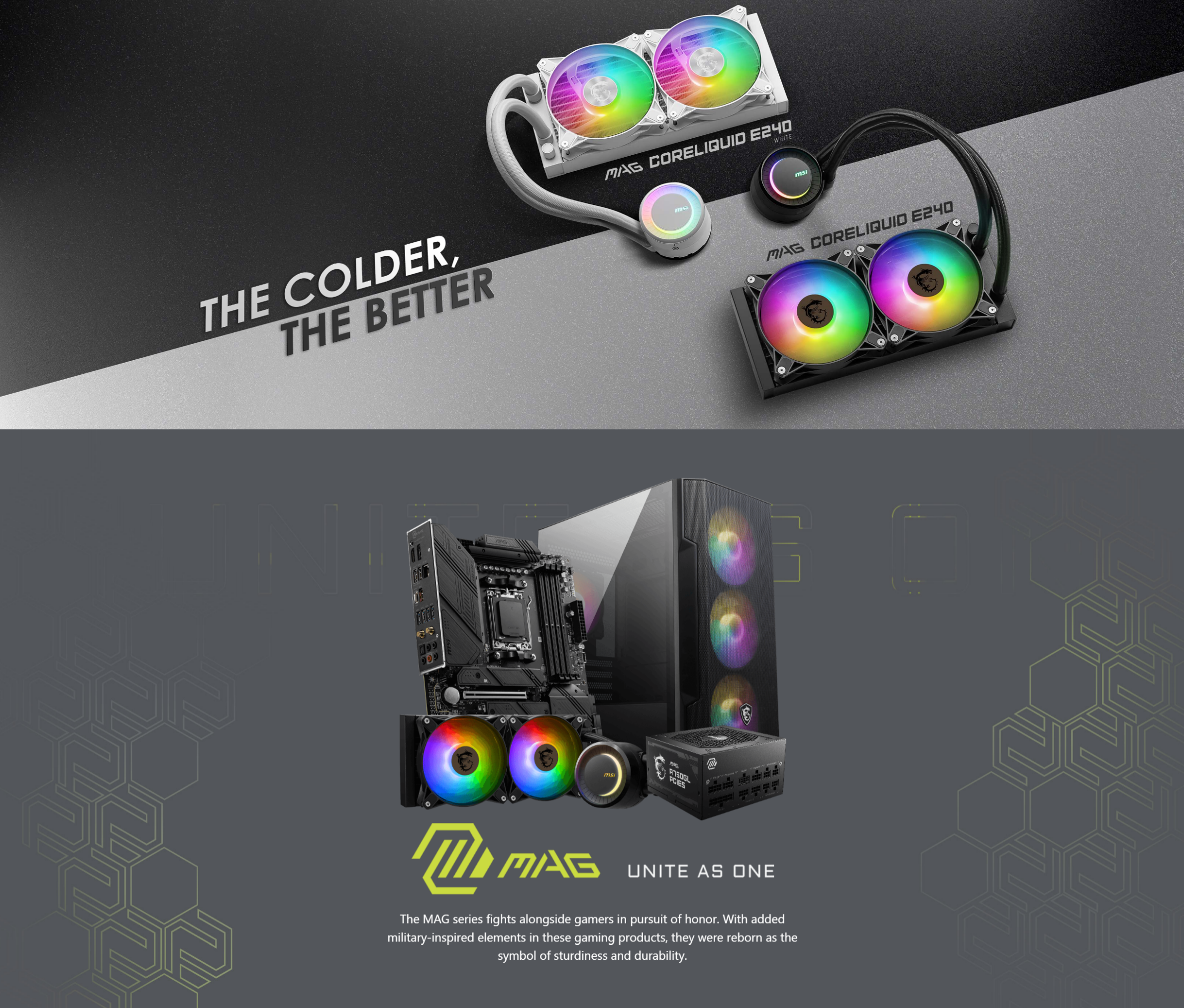 A large marketing image providing additional information about the product MSI MAG Coreliquid E240 240mm AIO Liquid CPU Cooler- White - Additional alt info not provided