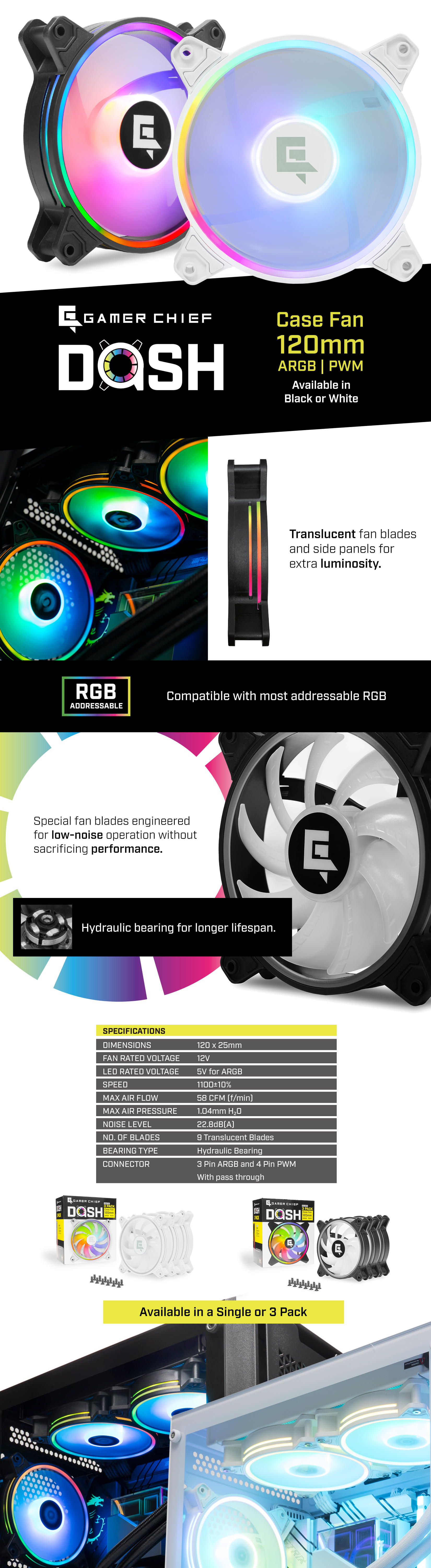 A large marketing image providing additional information about the product GamerChief Dash ARGB PWM 120mm Fan 3 Pack - Black - Additional alt info not provided
