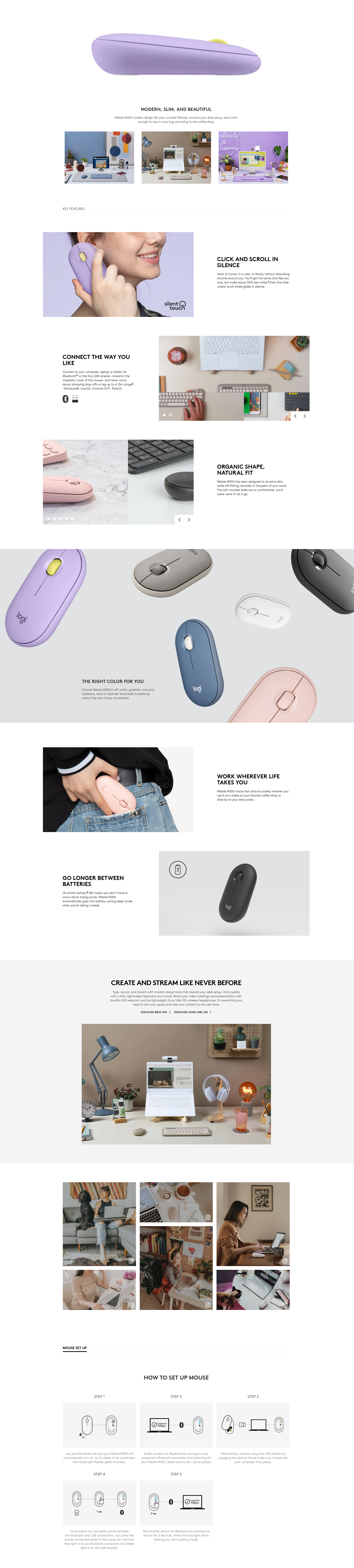 A large marketing image providing additional information about the product Logitech Pebble M350 Wireless Mouse - Lavender Lemonade - Additional alt info not provided