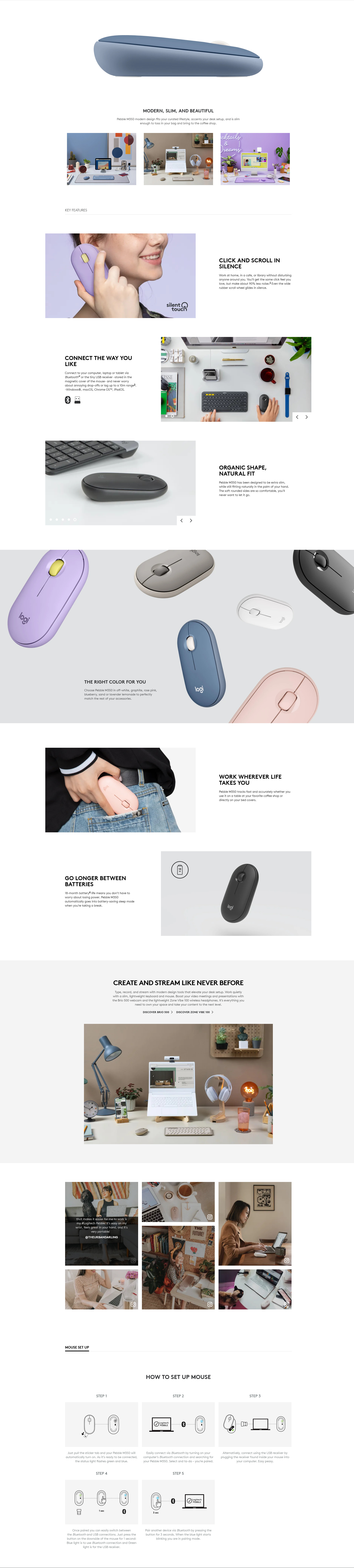 A large marketing image providing additional information about the product Logitech Pebble M350 Wireless Mouse - Blueberry - Additional alt info not provided