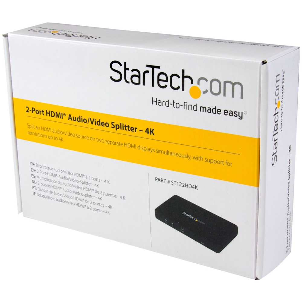 A large main feature product image of Startech 4K HDMI 2 Port Video Splitter 1x2 HDMI Splitter  w/ Solid Aluminum Housing 4K 30Hz