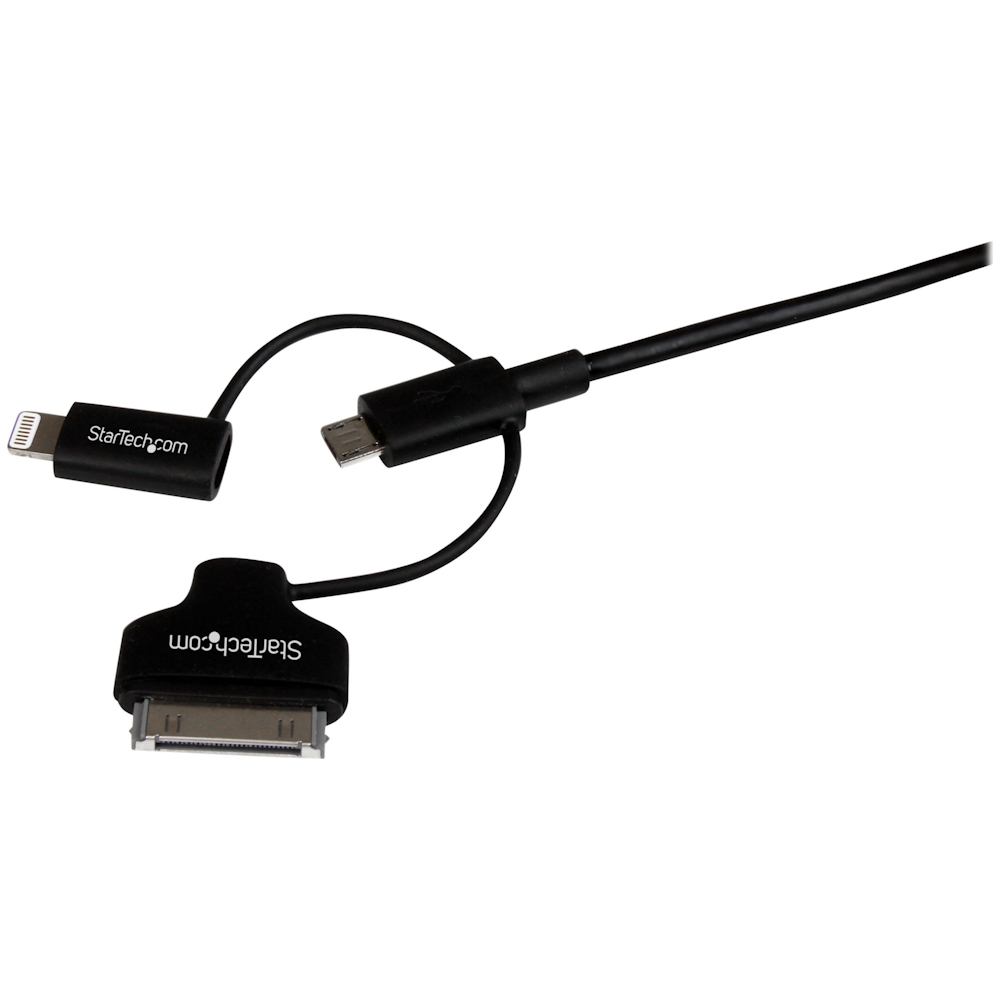 A large main feature product image of Startech 3ft Lightning / 30-pin Dock / Micro-USB to USB Cable - Black