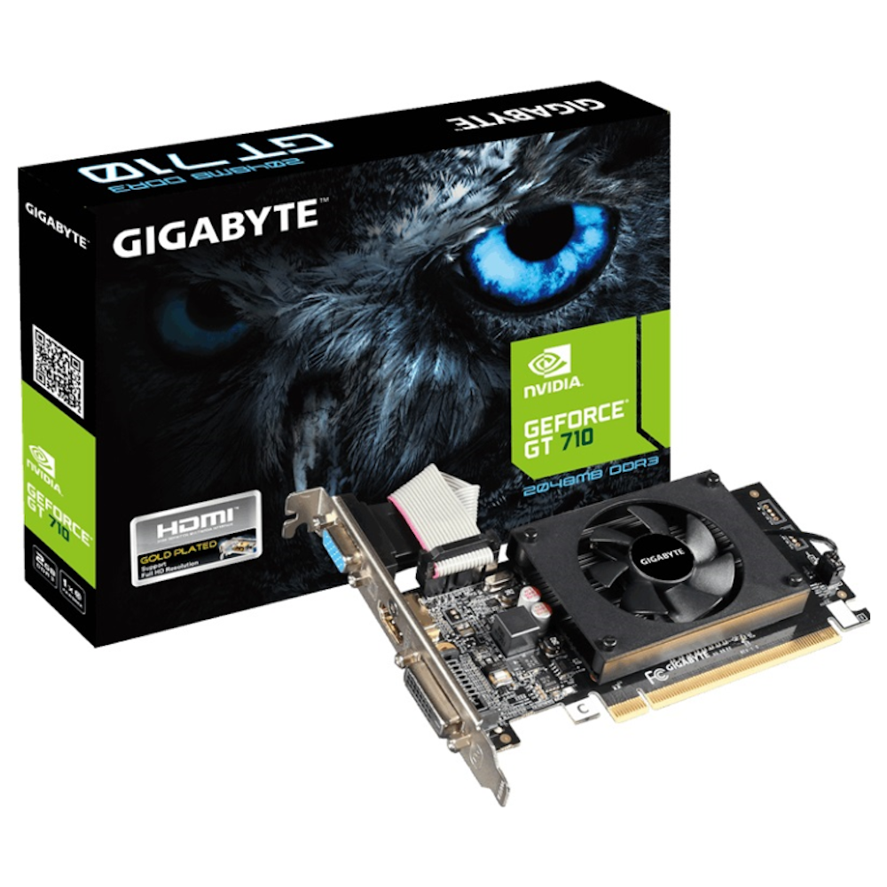 A large main feature product image of Gigabyte GeForce GT710 2GB GDDR3
