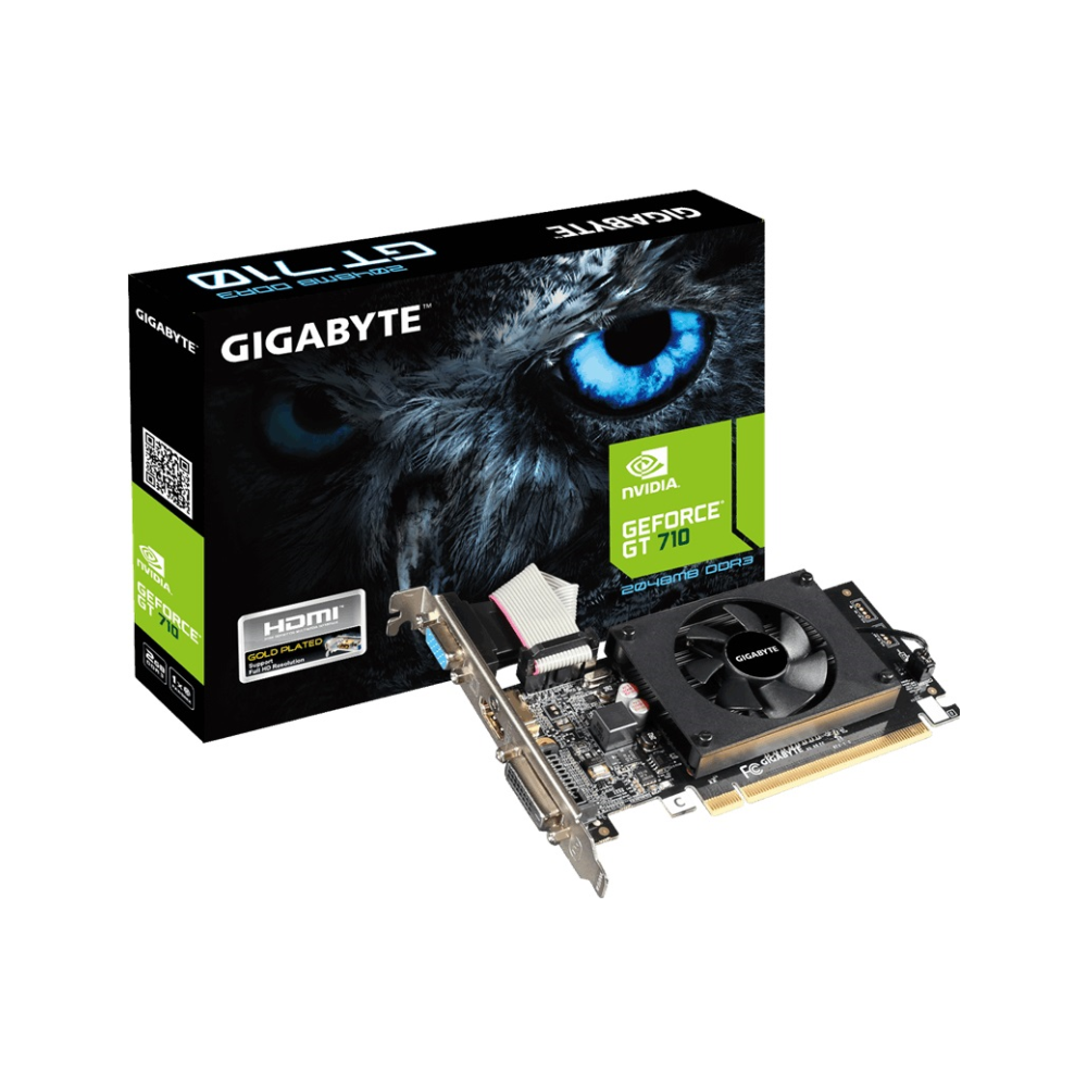 A large main feature product image of Gigabyte GeForce GT710 2GB GDDR3