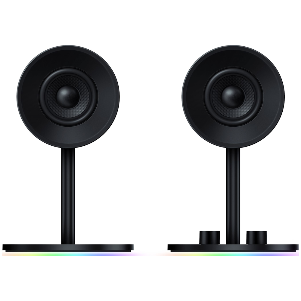 A large main feature product image of Razer Nommo Chroma Stereo Gaming Speakers