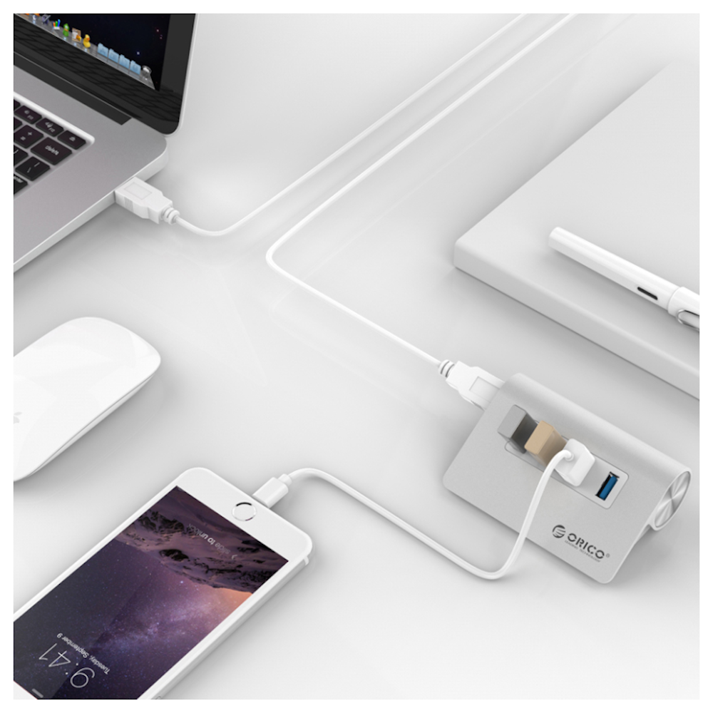 A large main feature product image of ORICO Aluminium 4 Port USB3.0 Hub