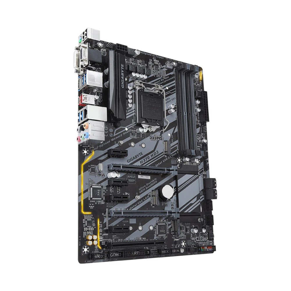 A large main feature product image of Gigabyte H370-HD3 LGA1151-CL ATX Desktop Motherboard