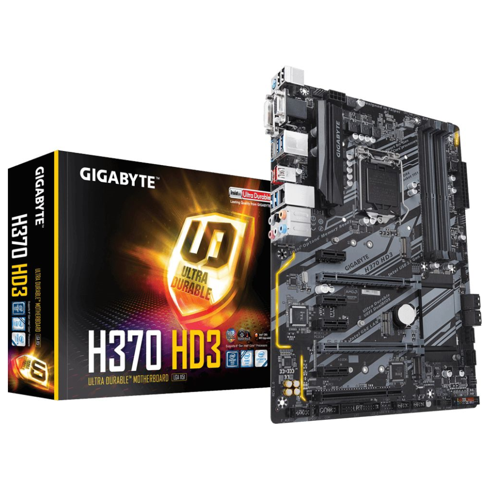 A large main feature product image of Gigabyte H370-HD3 LGA1151-CL ATX Desktop Motherboard