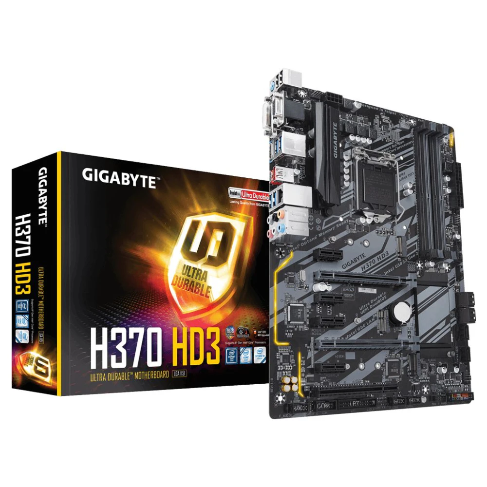 A large main feature product image of Gigabyte H370-HD3 LGA1151-CL ATX Desktop Motherboard