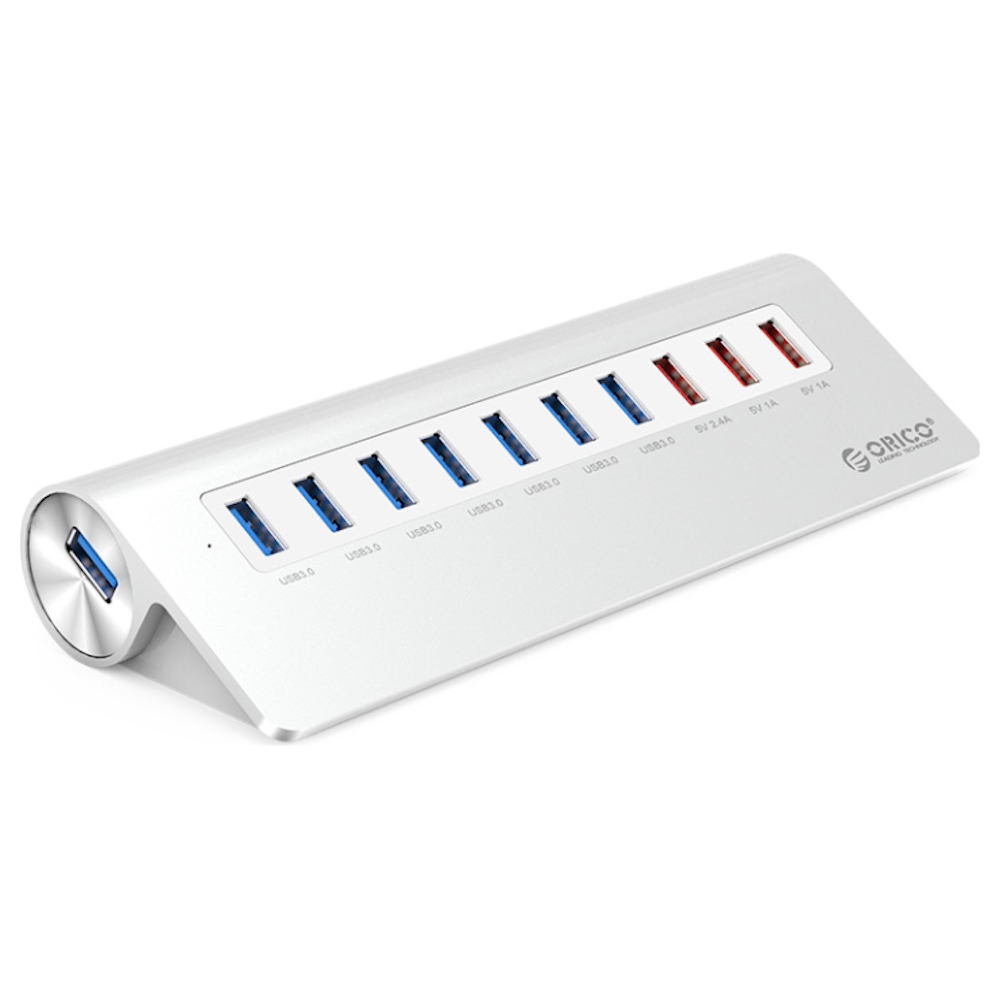 A large main feature product image of ORICO Aluminium 7 Port USB3.0 Hub with 3 Charging Port - Silver