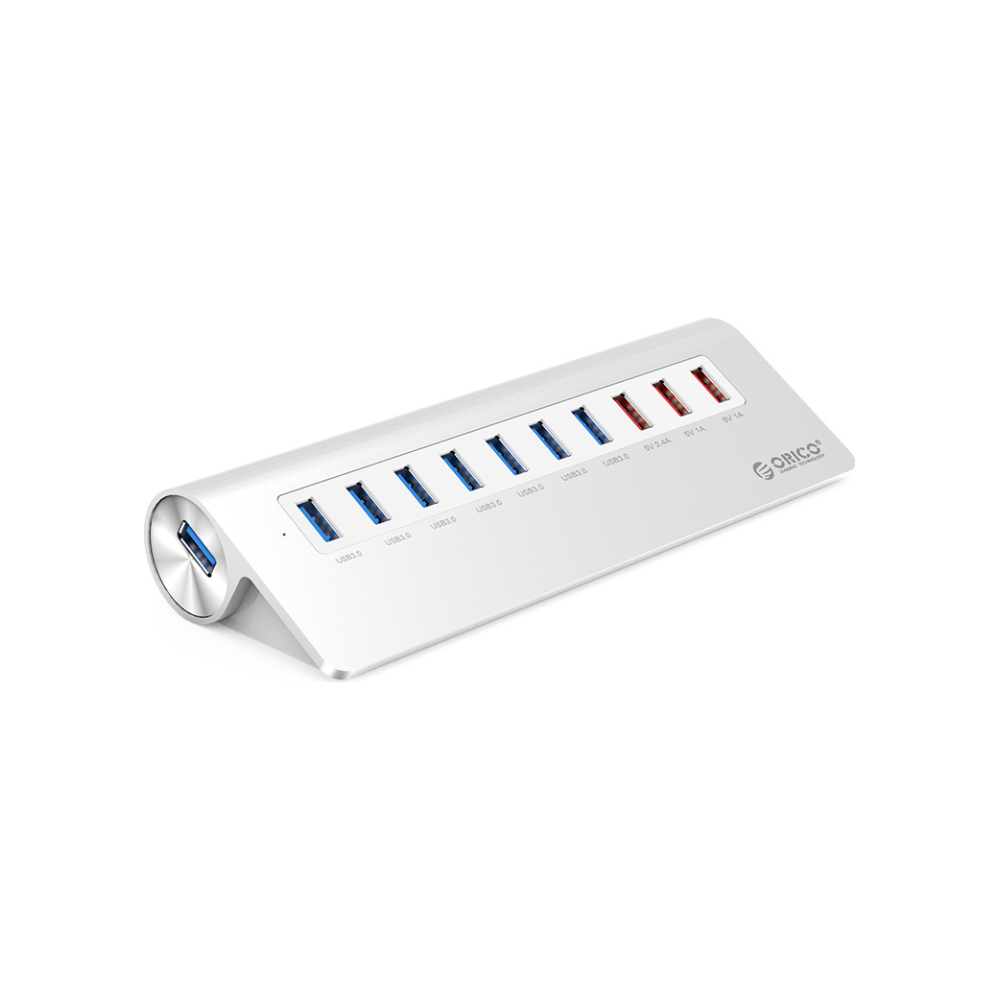 A large main feature product image of ORICO Aluminium 7 Port USB3.0 Hub with 3 Charging Port - Silver
