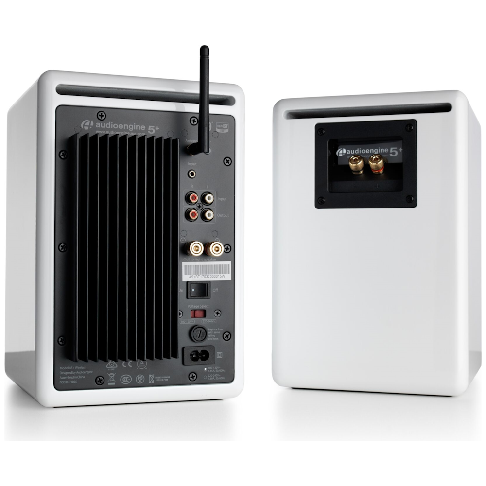 A large main feature product image of Audioengine 5+ Wireless Bookshelf Desktop Speakers - Gloss White