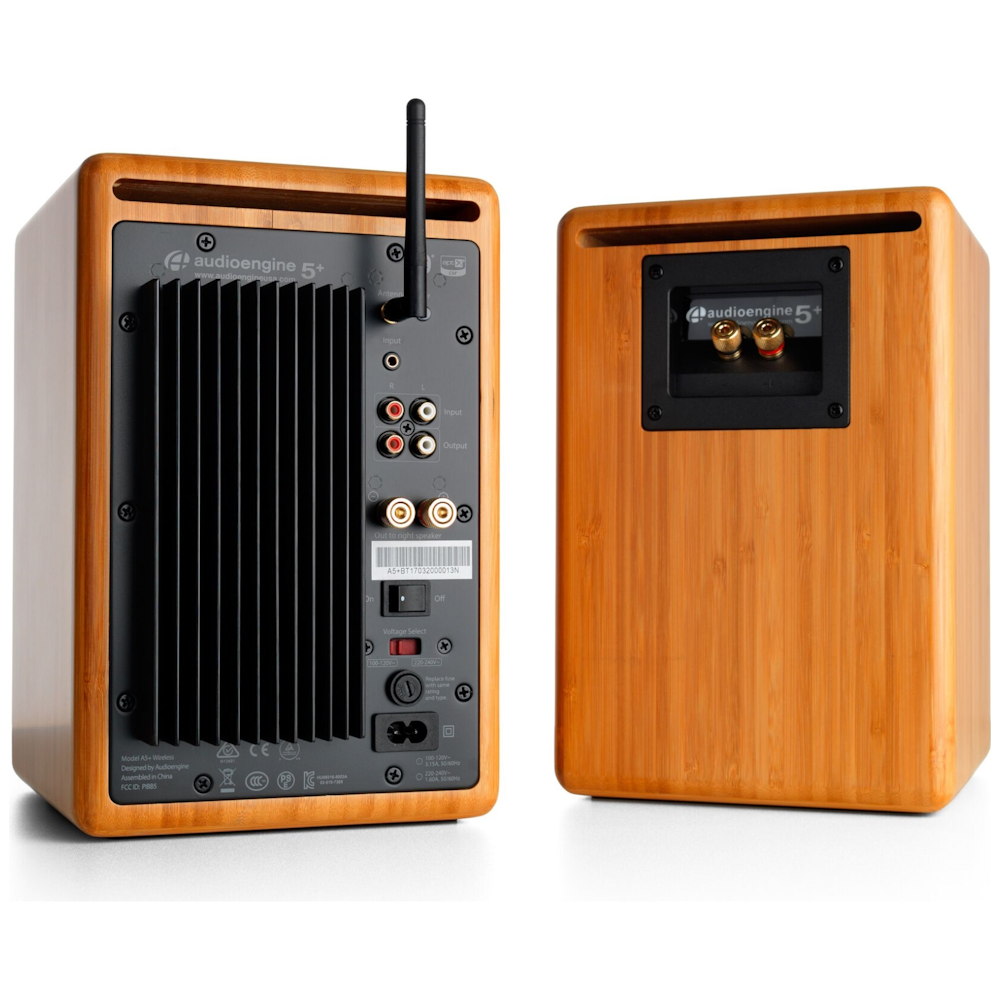 A large main feature product image of Audioengine A5+ Wireless - Bookshelf Desktop Speakers (Solid Bamboo)