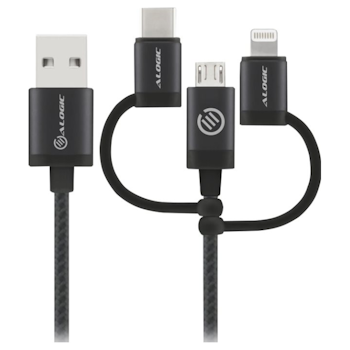 Product image of ALOGIC Prime 3-in-1 Charge & Sync Cable - Micro USB + Lightning + USB Type-C Black 1m - Click for product page of ALOGIC Prime 3-in-1 Charge & Sync Cable - Micro USB + Lightning + USB Type-C Black 1m