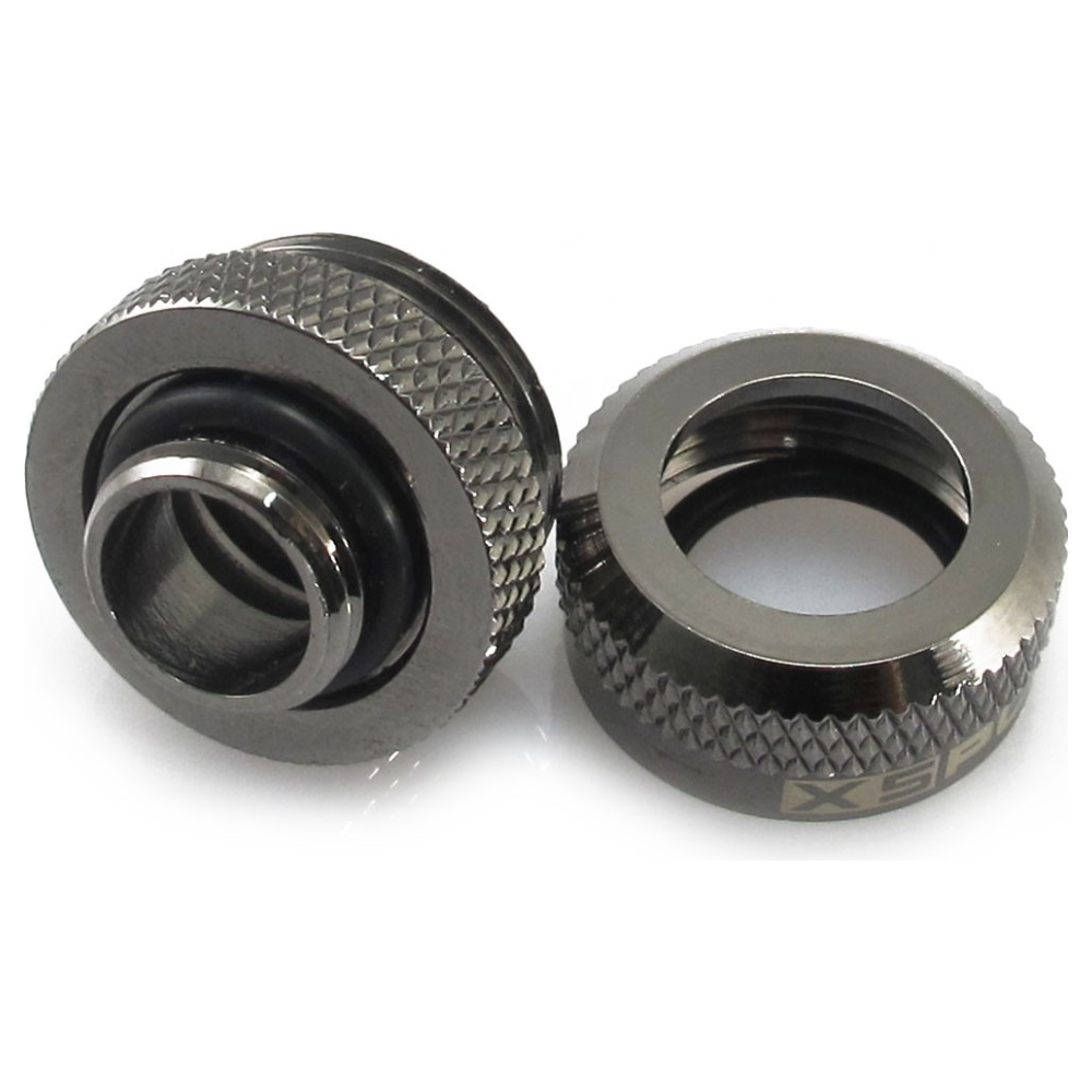 A large main feature product image of XSPC G1/4 14mm OD Black Chrome Triple-Seal PETG Fitting V2