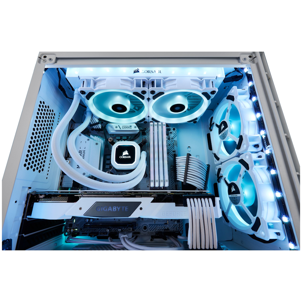 A large main feature product image of Corsair LL120 RGB White RGB PWM Fan Triple Pack w/Lighting Node Pro