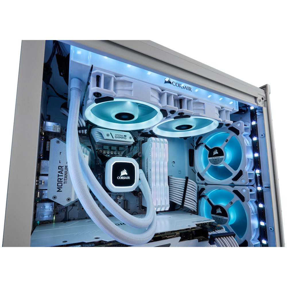 A large main feature product image of Corsair LL120 RGB White RGB PWM Fan Triple Pack w/Lighting Node Pro