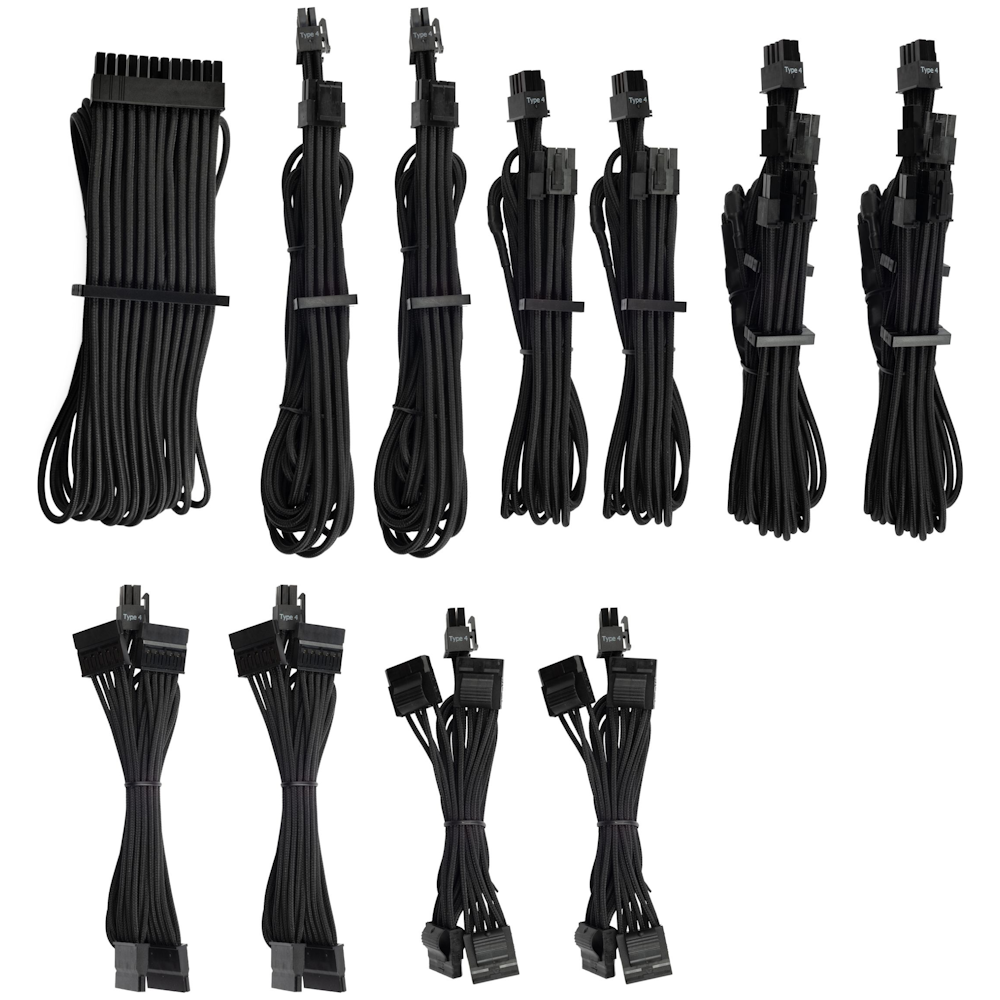 A large main feature product image of Corsair Premium Individually Sleeved PSU Cables Pro Kit Type 4 Gen 4 (Black)