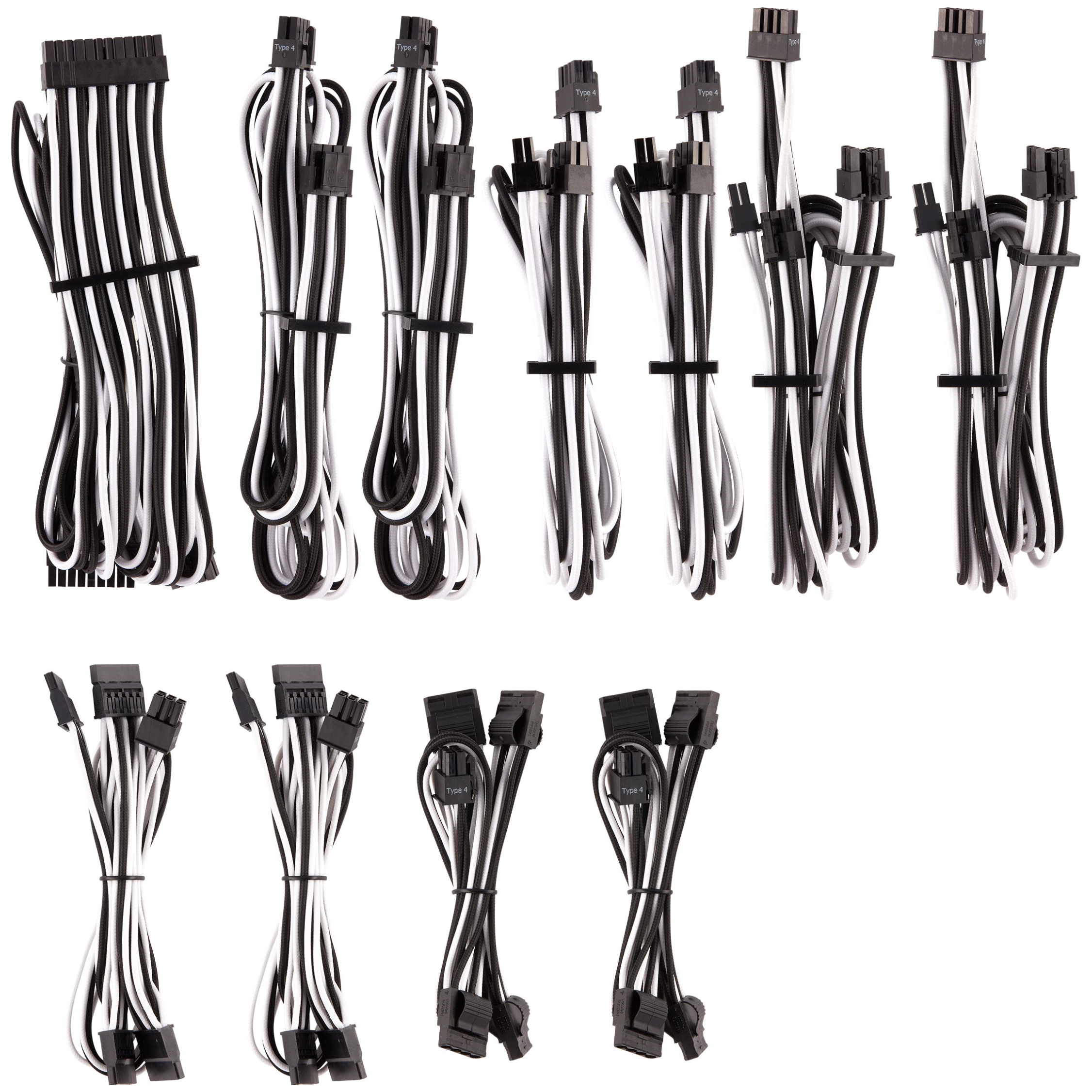 A large main feature product image of Corsair Premium Individually Sleeved PSU Cables Pro Kit Type 4 Gen 4 (Black/White)