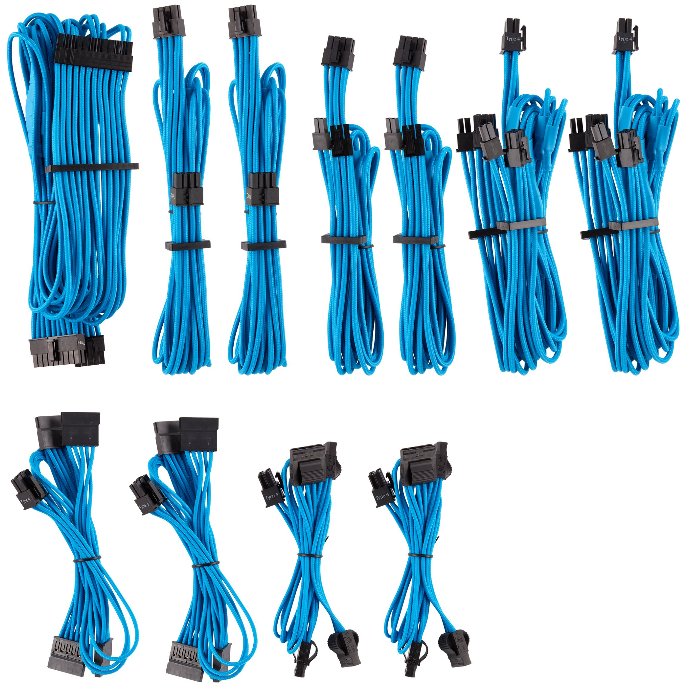 A large main feature product image of Corsair Premium Individually Sleeved PSU Cables Pro Kit Type 4 Gen 4 (Blue)