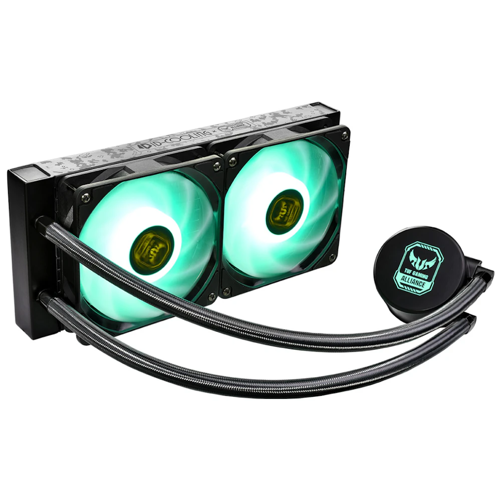 A large main feature product image of ID-COOLING AuraFlow X TUF Gaming Alliance 240 RGB AIO CPU Liquid Cooler