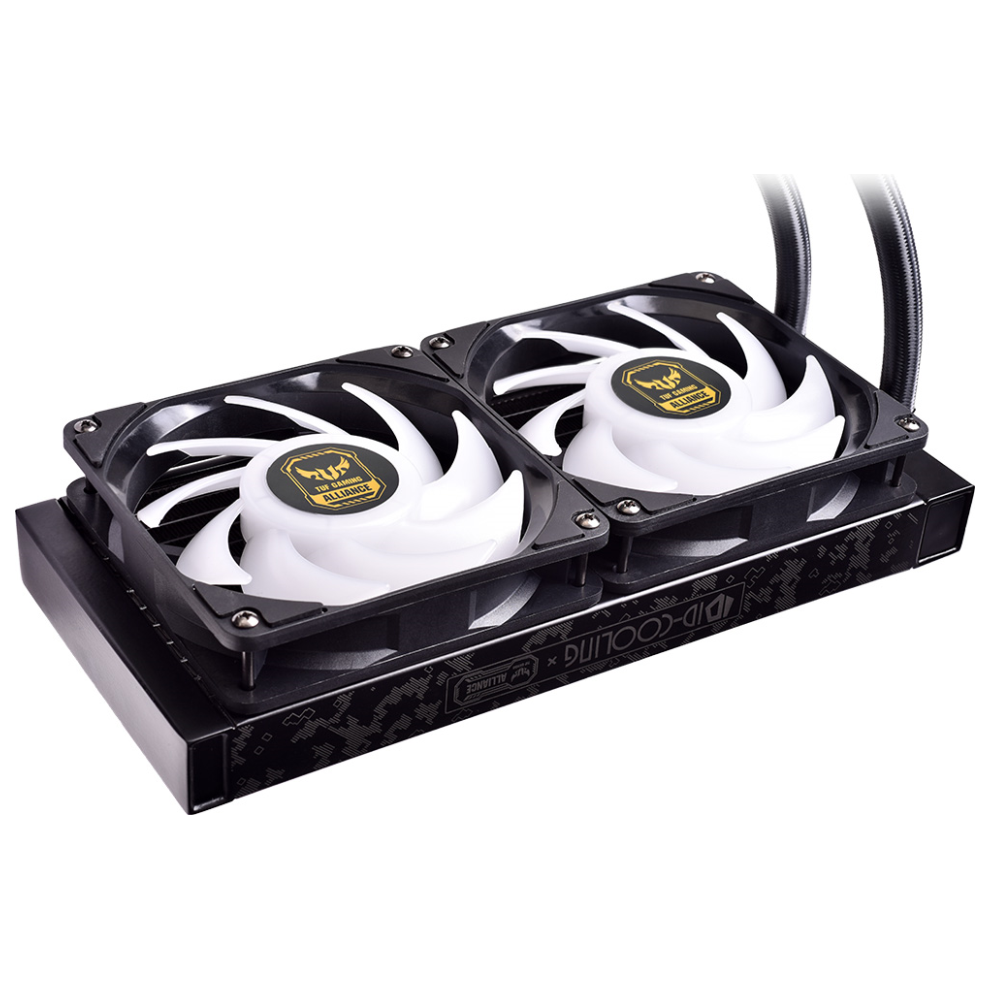 A large main feature product image of ID-COOLING AuraFlow X TUF Gaming Alliance 240 RGB AIO CPU Liquid Cooler