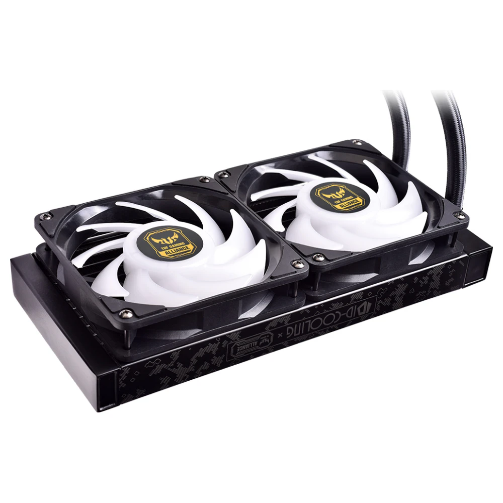 A large main feature product image of ID-COOLING AuraFlow X TUF Gaming Alliance 240 RGB AIO CPU Liquid Cooler