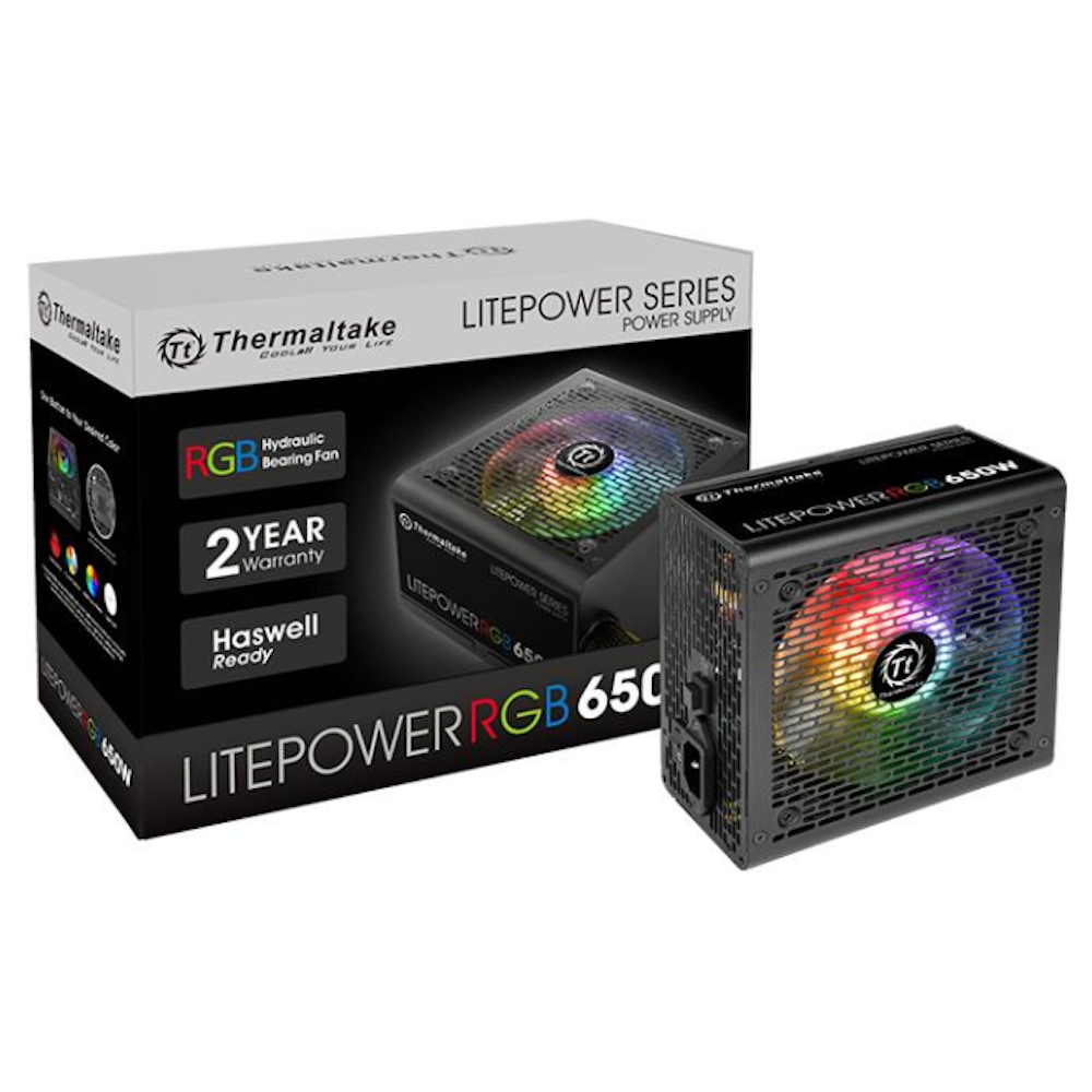 A large main feature product image of Thermaltake Litepower RGB - 650W White ATX PSU