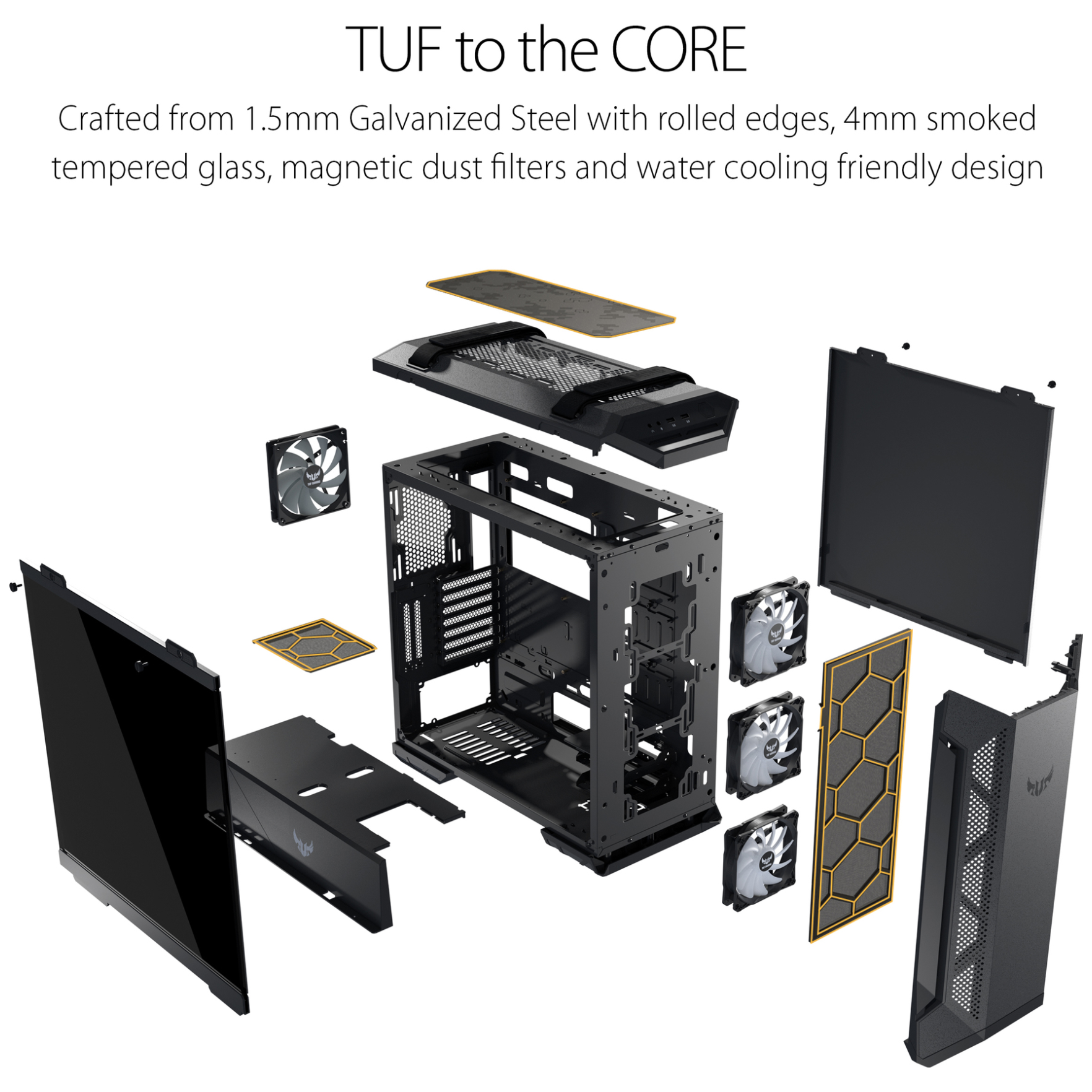 A large main feature product image of ASUS TUF Gaming GT501 E-ATX Mid Tower Case w/Tempered Glass Side Panel