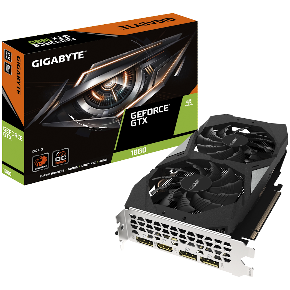 A large main feature product image of Gigabyte GeForce GTX 1660 OC 6GB GDDR5