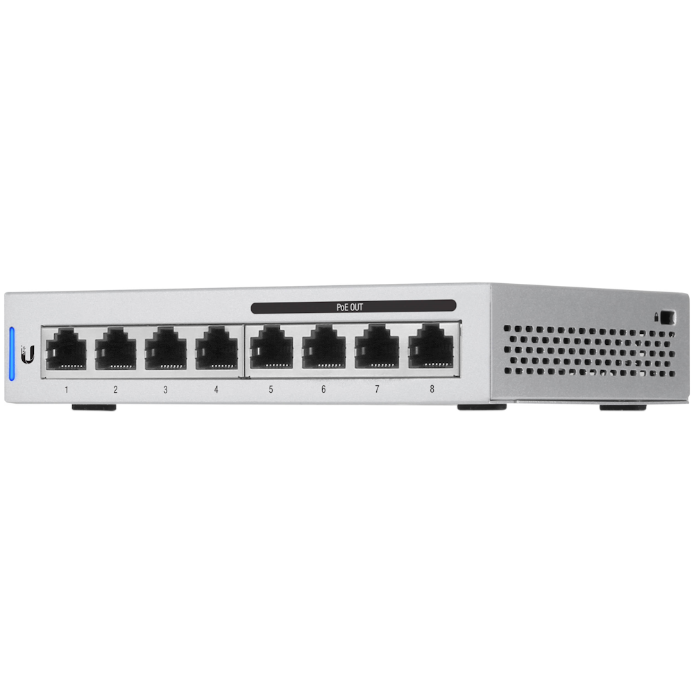 A large main feature product image of Ubiquiti UniFi Switch 8 Port 60W PoE Support