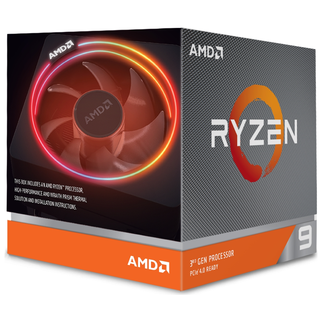 A large main feature product image of AMD Ryzen 9 3900X 3.8Ghz 12 Core 24 Thread AM4 Retail Box - With Wraith Prism RGB Cooler