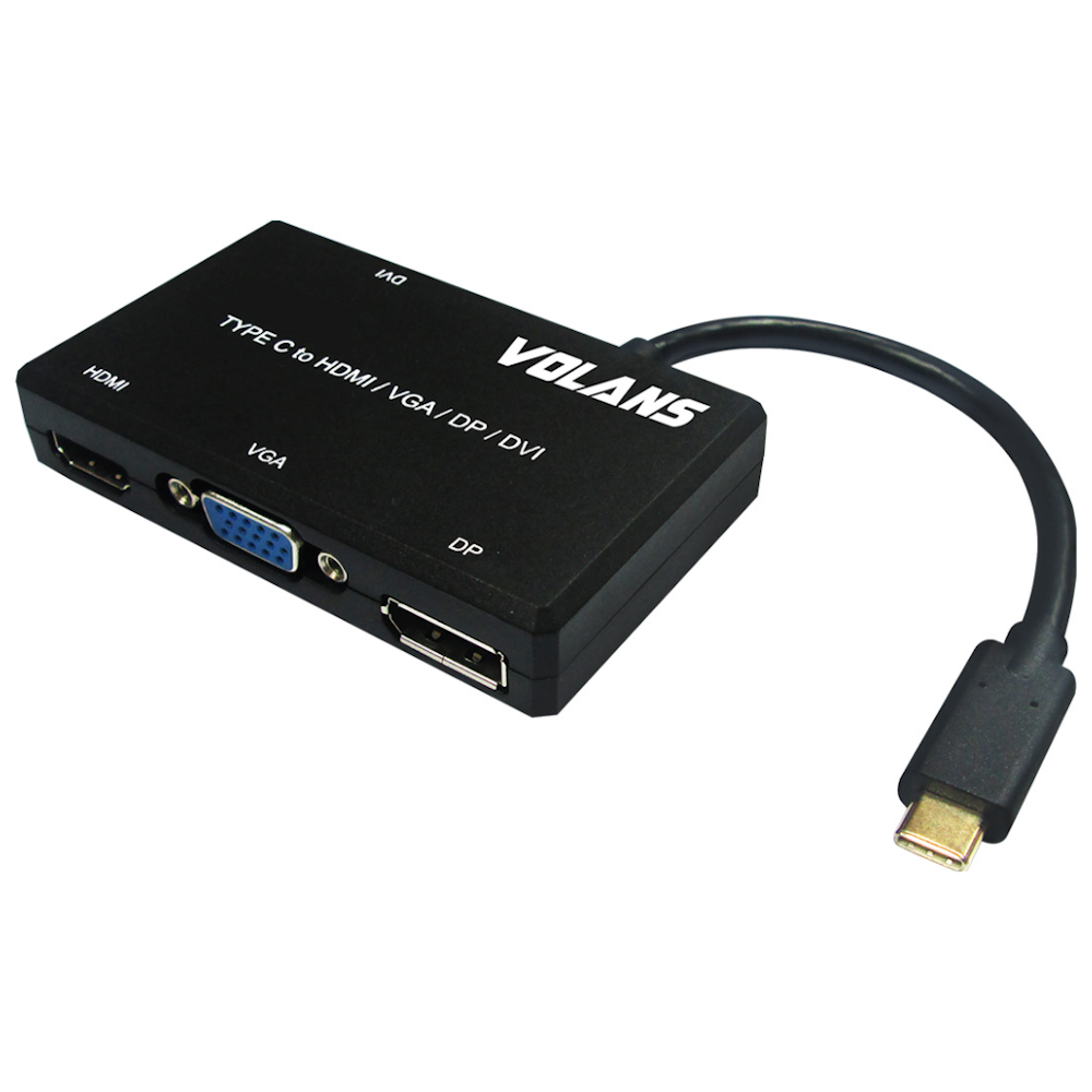 A large main feature product image of Volans 4 in 1 – Type C to HDMI/VGA/DP/DVI Converter