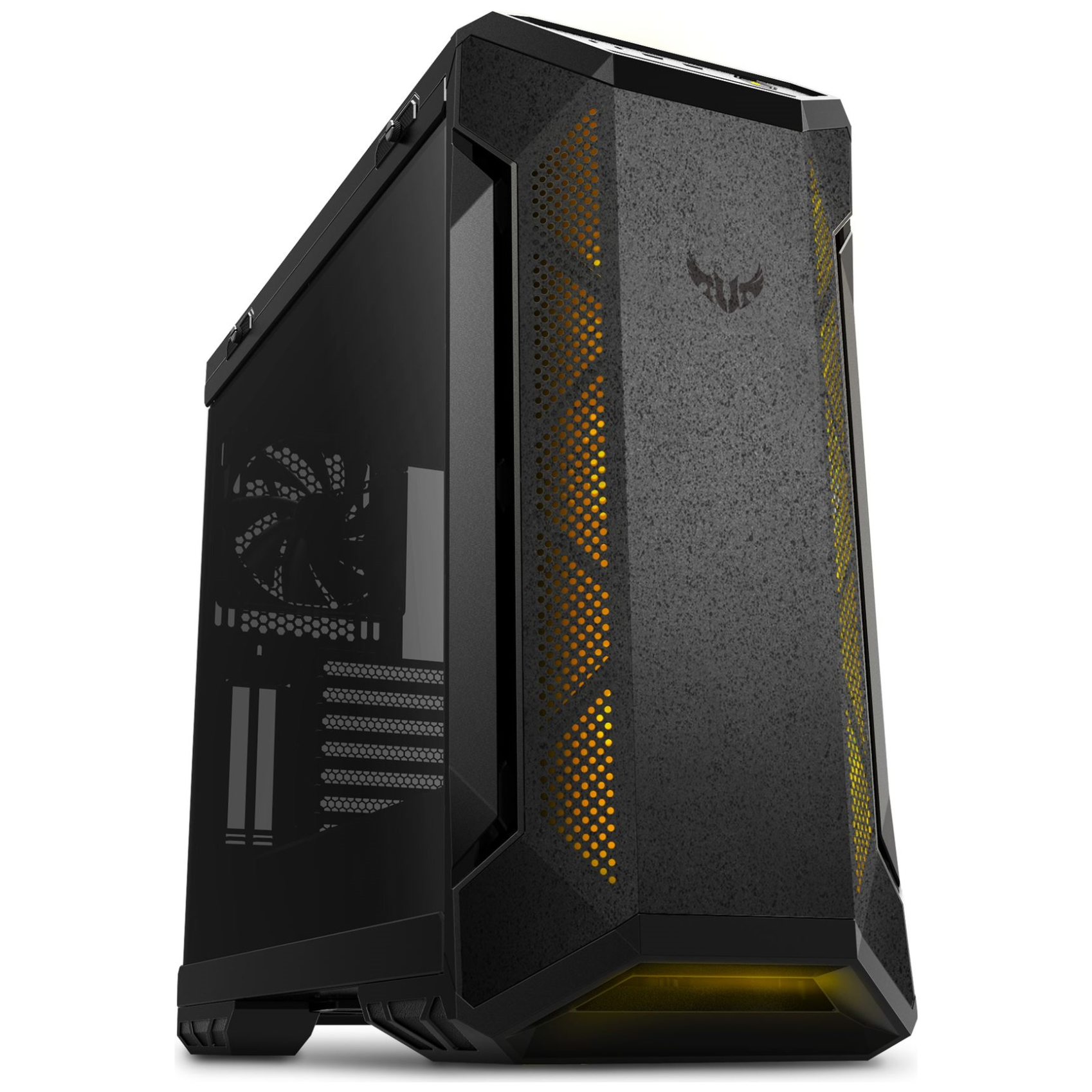 A large main feature product image of ASUS TUF Gaming GT501 E-ATX Mid Tower Case w/Tempered Glass Side Panel