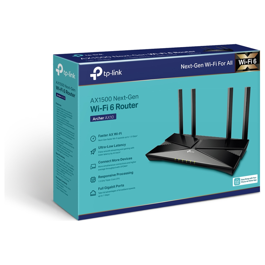 A large main feature product image of TP-LINK Archer AX10 Wireless-AX1500 WiFi 6 Dual Band Gigabit Router