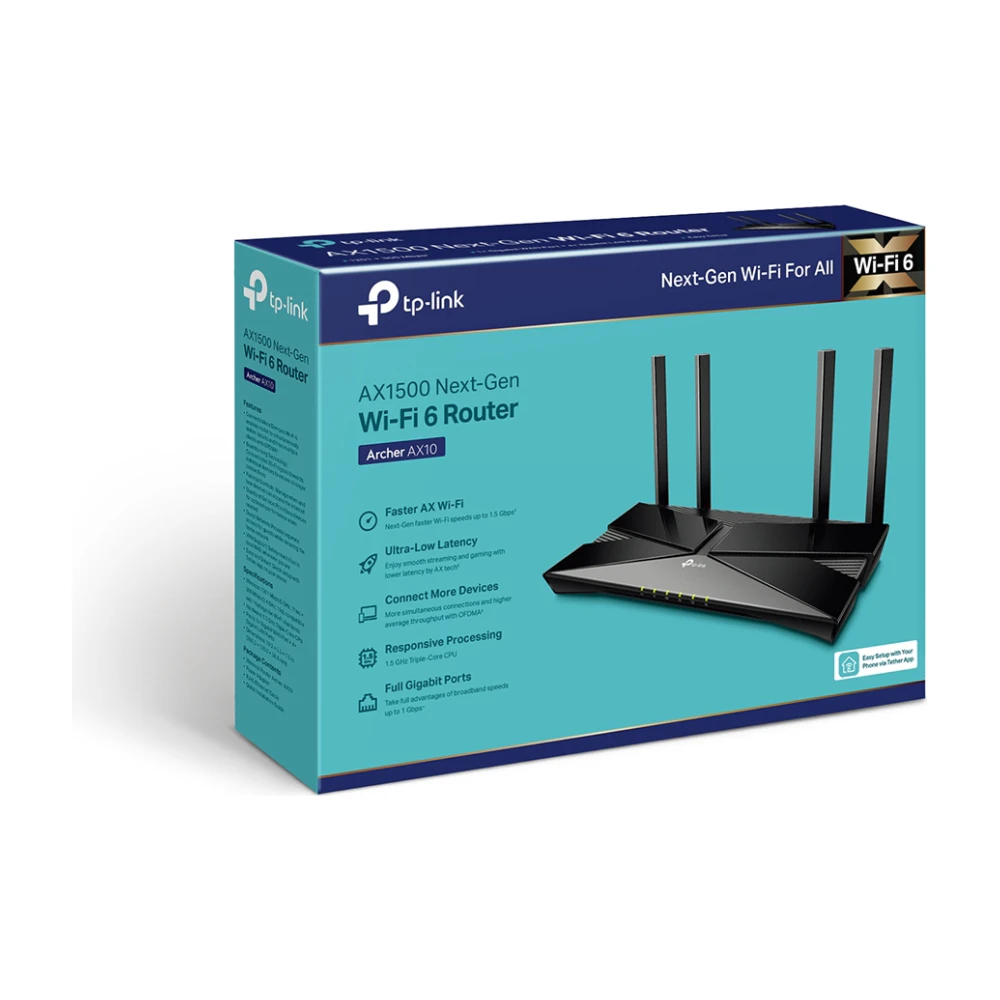 A large main feature product image of TP-LINK Archer AX10 Wireless-AX1500 WiFi 6 Dual Band Gigabit Router