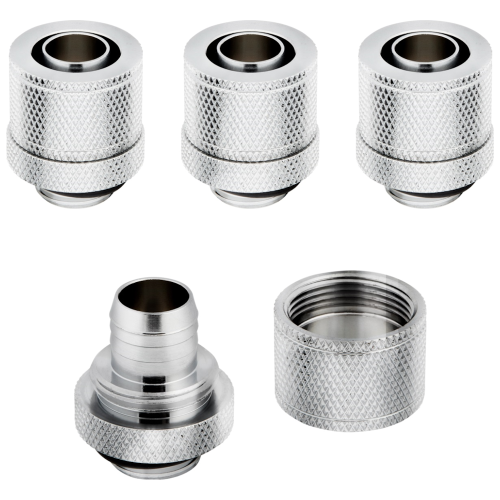 A large main feature product image of Corsair Hydro X Series XF Compression 10/13mm (3/8” / 1/2”) ID/OD Fitting Four Pack — Chrome