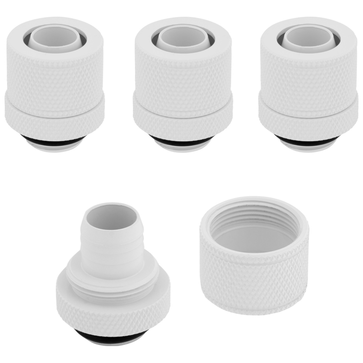 A large main feature product image of Corsair Hydro X Series XF Compression 10/13mm (3/8” / 1/2”) ID/OD Fitting Four Pack — White