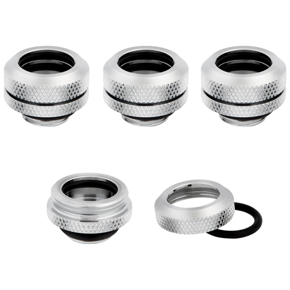 A large main feature product image of Corsair Hydro X Series XF Hardline 14mm OD Fitting Four Pack — Chrome
