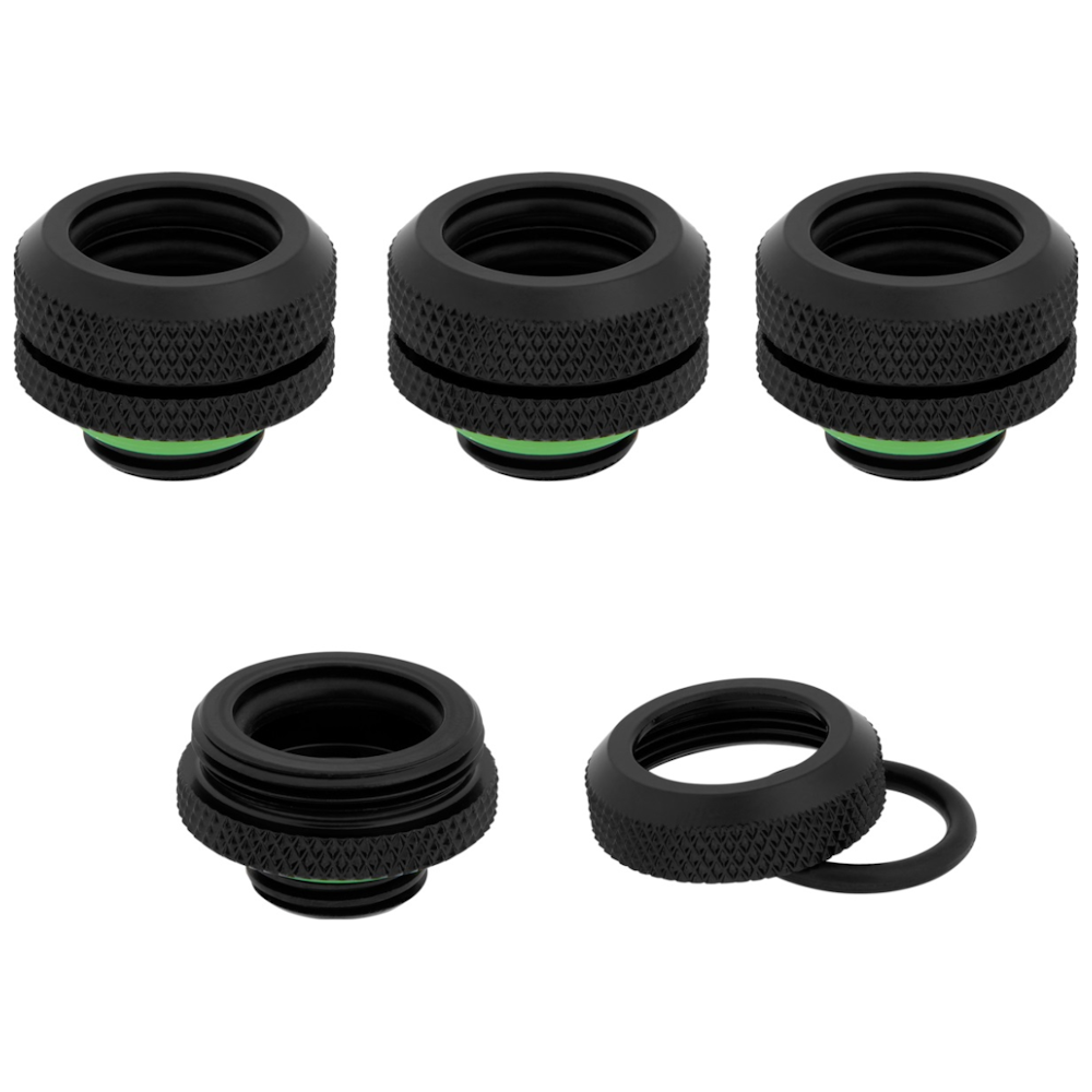 A large main feature product image of Corsair Hydro X Series XF Hardline 14mm OD Fitting Four Pack — Black